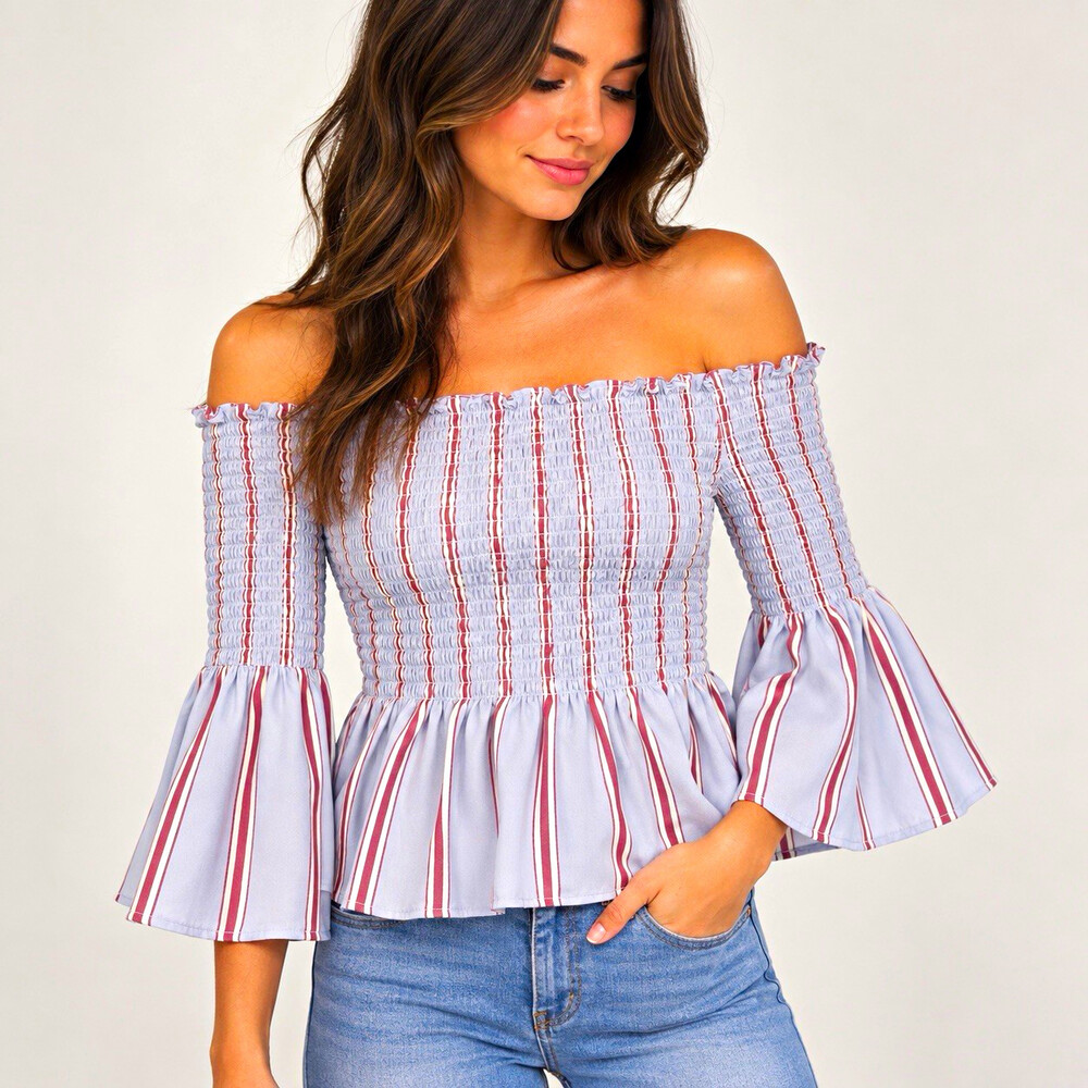 Candies Women S Blouse Off Shoulder Smocked Bell Sleeve Striped Boho Peplum Top